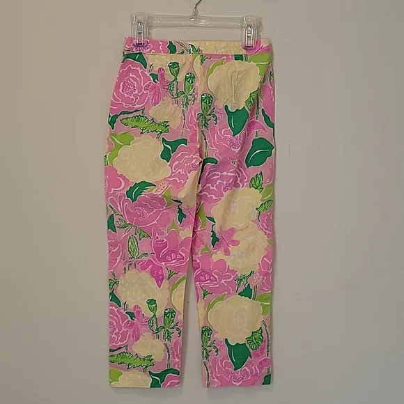 LILLY PULITZER Cropped Pink White Green Yellow Flower Print Pants Size 2 - Picture 4 of 13